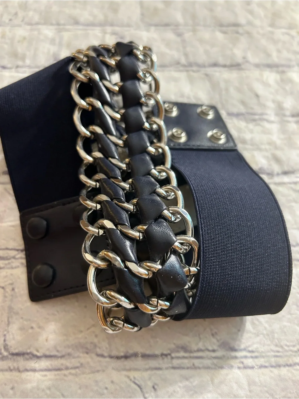 LOT OF (2) BLACK WITH SILVER TONE HARDWARE BIKER STRETCH WIDE BELTS SIZE LARGE